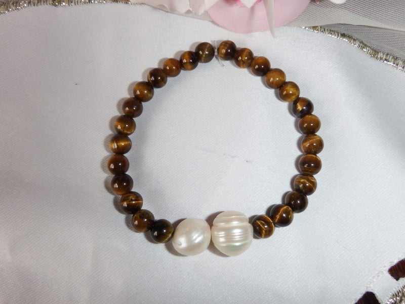 White Freshwater Pearl & Tigers Eye Bracelet - #PTE6 Carousel 2