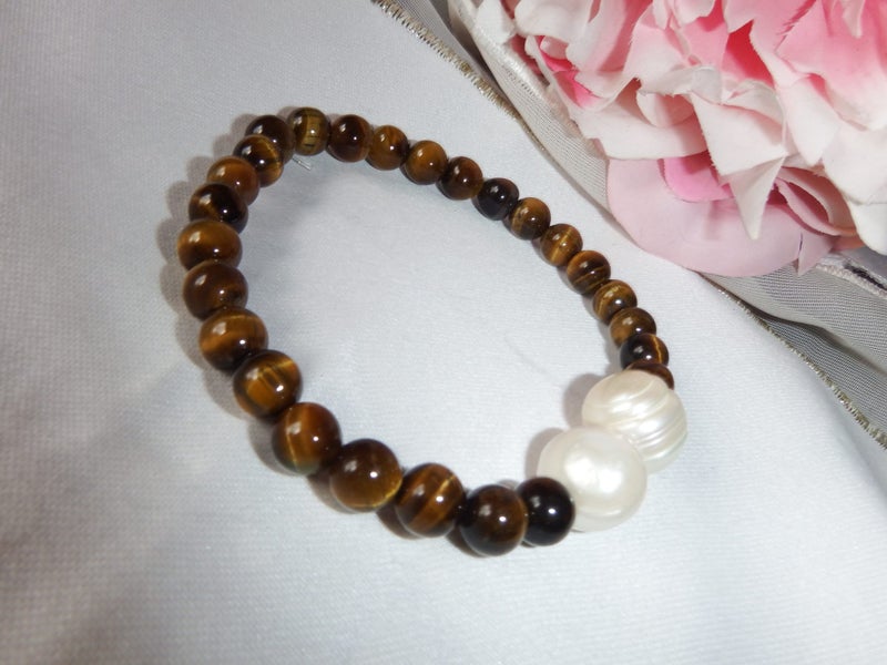 White Freshwater Pearl & Tigers Eye Bracelet - #PTE6 Carousel 4