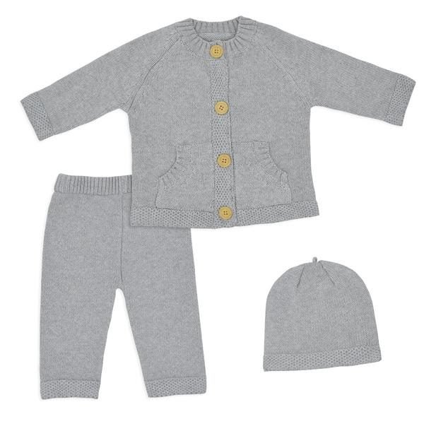 3PC COTTON KNIT CARDIGAN, PANT AND BEANIE SET - GREY MARLE Carousel 2