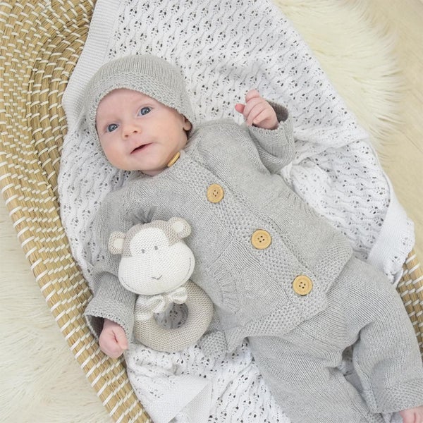3PC COTTON KNIT CARDIGAN, PANT AND BEANIE SET - GREY MARLE Carousel 1