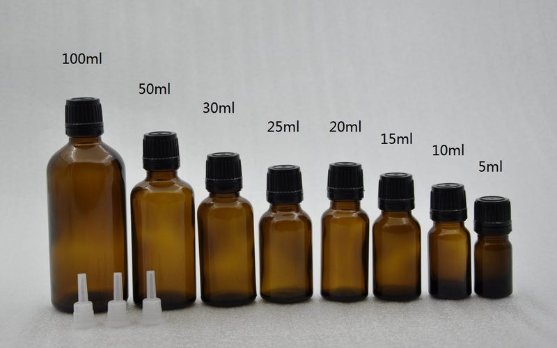 5ml 10ml 15ml 20ml 25ml 30ml 50ml 100ml glass AMBER bottle w dripulator cap 1pc Carousel 1
