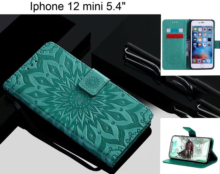Iphone 12 mini case embossed pu leather wallet sunflower green Carousel 1