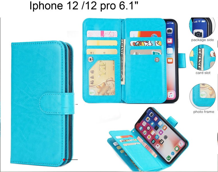 Iphone 12 case triple wallet PU leather 9 cards ID 3 pockets blue Carousel 1