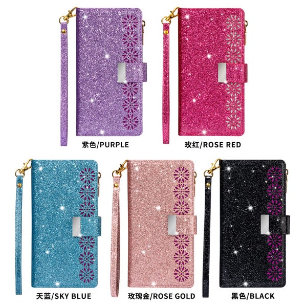 Galaxy a20 case glitter leather double wallet 9 card 2 pocket zip RG Carousel 9