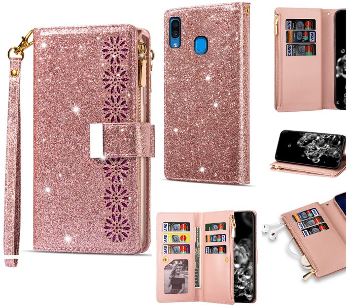 Galaxy a20 case glitter leather double wallet 9 card 2 pocket zip RG Carousel 1