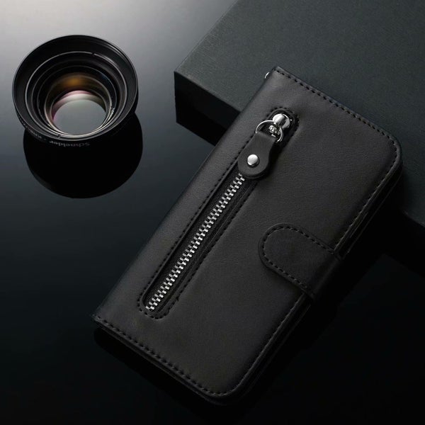 iphone 16 pu leather wallet case cowhide finish card zipper blk Carousel 2