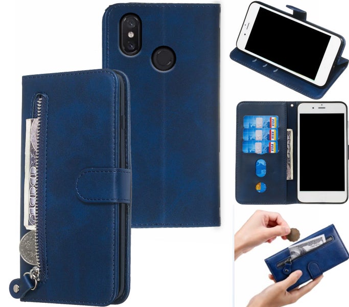 Xiaomi Mi 8 pu leather wallet case cowhide finish card zipper navy Carousel 1