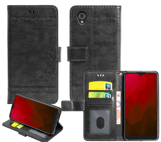Vodafone E9 pu leather wallet case cowhide finish card back buckle grey Carousel 1