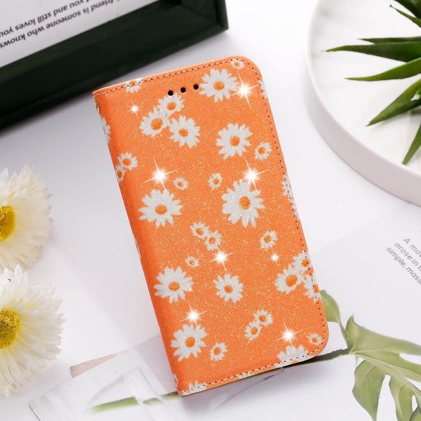 Iphone 15 pro fashion luxury glitter leather case daisy print orange Carousel 2