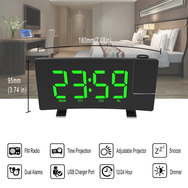 CLOCK RADIO LARGE DISPLAY GREEN SLIMLINE & PROJECTION Carousel 2