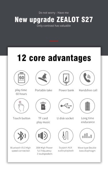 ZEALOT S27 38W High-Power Subwoofer Soundbar Heavy Bass Column Suppprt TF AUX US Carousel 18