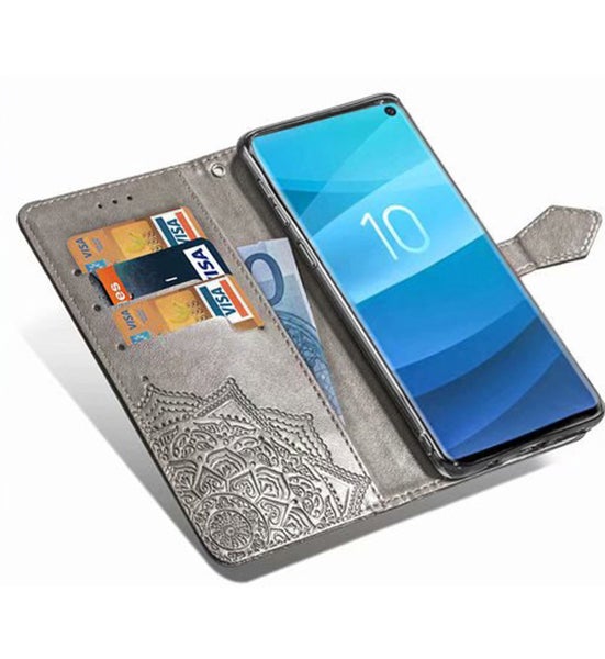 Moto E7 power case leather wallet embossed mandala pattern grey Carousel 2