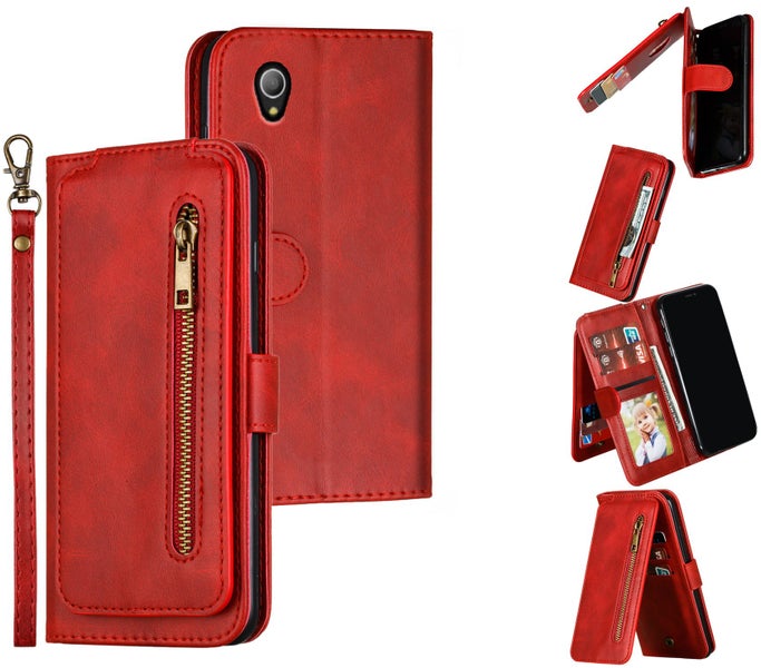 Alcatel 1 5033T Leather Wallet Case 9 Card Slots Vertical Flip & Zipper (red) Carousel 1