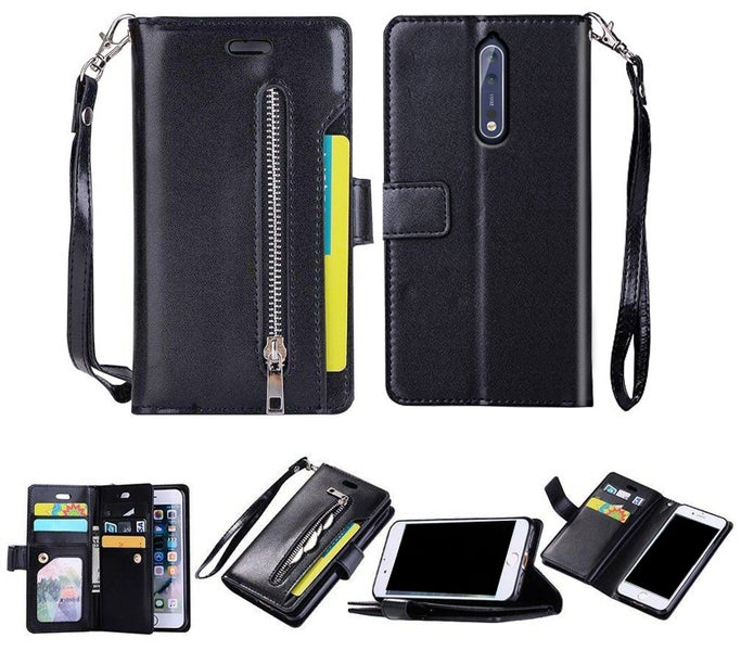 Nokia 8 Multifunction Leather Wallet Case 9 slots 3 pockets & zipper (black) Carousel 1