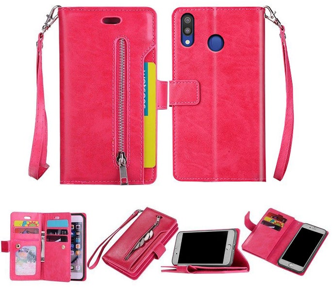 Galaxy m20 Multifunction Leather Wallet Case 9 slots 3 pockets & zipper hot pink Carousel 1