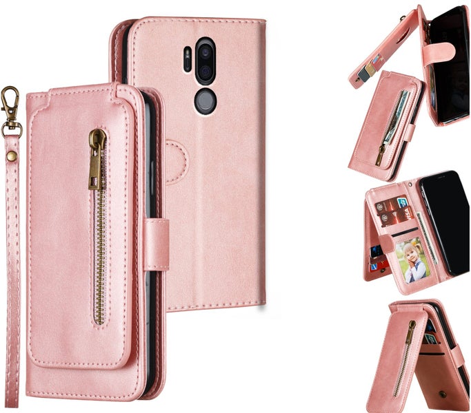 LG g7 thinQ Leather Wallet Case 9 Card Slots Vertical Flip & Zipper (rose gold) Carousel 1