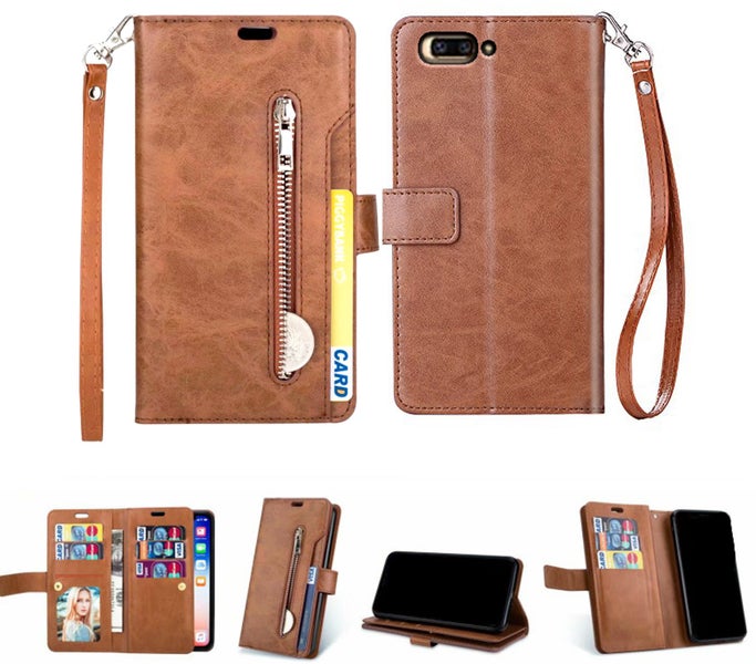 Oppo r11 Multifunction Leather Wallet Case 9 slots 3 pockets & zipper (brown) Carousel 1