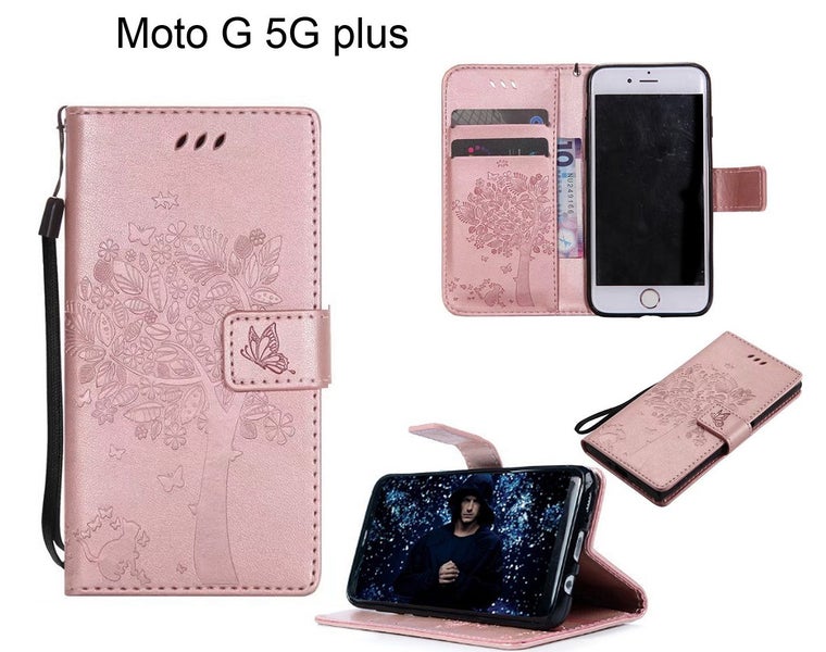 Moto G 5G plus case leather wallet embossed cat & tree pattern RG Carousel 1