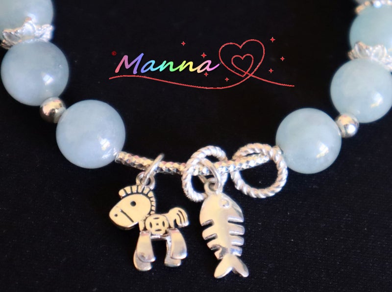 Hand made Manna 925 silver Natural Aquamarine crystal 9MM charm bracelet Carousel 2
