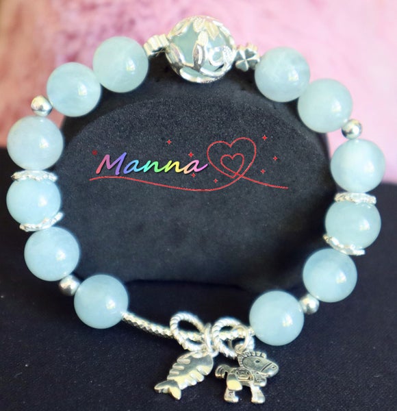 Hand made Manna 925 silver Natural Aquamarine crystal 9MM charm bracelet Carousel 1