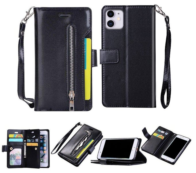 Iphone 11 6.1" Multifunction Leather Wallet Case 9 slots 3 pockets & zipper blk Carousel 1
