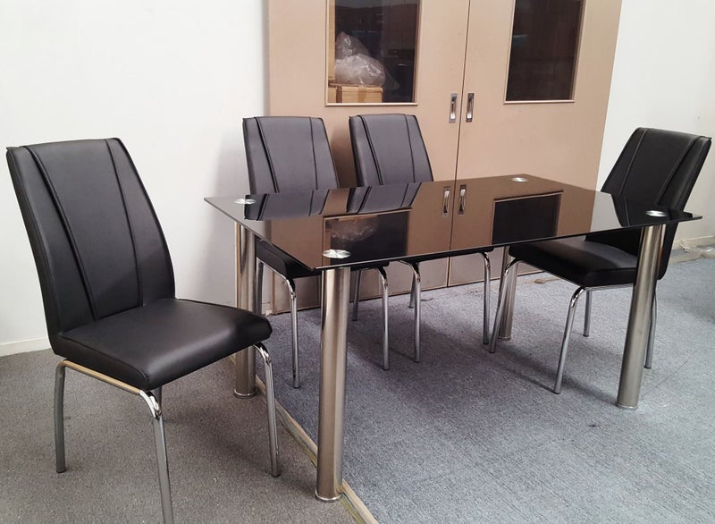 Melody Dining Table Black Glass 1.5X0.9m with 4 Black Leo Dining Chair Carousel 2