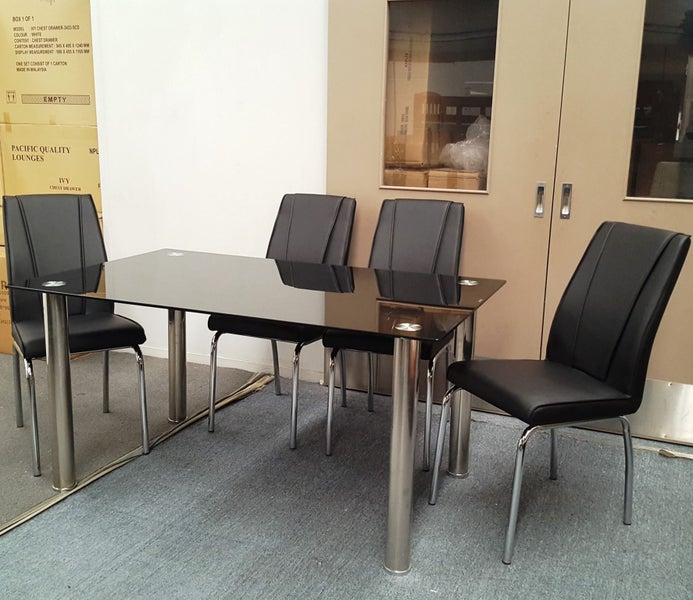 Melody Dining Table Black Glass 1.5X0.9m with 4 Black Leo Dining Chair Carousel 1