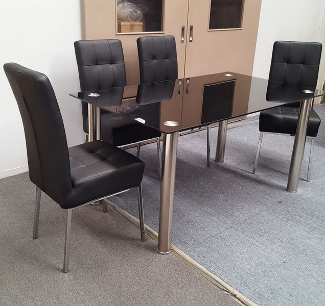Melody Dining Table Black Glass 1.5X0.9m with 4 Black Nobel Dining Chair Carousel 2