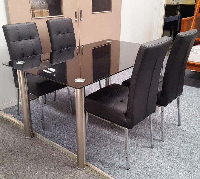 Melody Dining Table Black Glass 1.5X0.9m with 4 Black Nobel Dining Chair Carousel 1