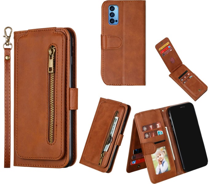 Oppo Reno4 pro 5G leather wallet 9 Card Slots Vertical Flip &zip (brown) Carousel 1