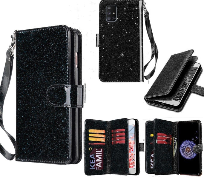 Galaxy A71 5G glitter leather double wallet multi card slots pockets blk Carousel 1