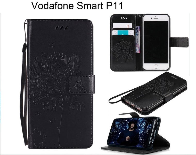 Vodafone smart P11 case leather wallet embossed cat & tree pattern blk Carousel 1