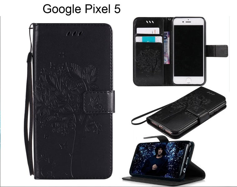 Google pixel 5 case leather wallet embossed cat & tree pattern blk Carousel 1