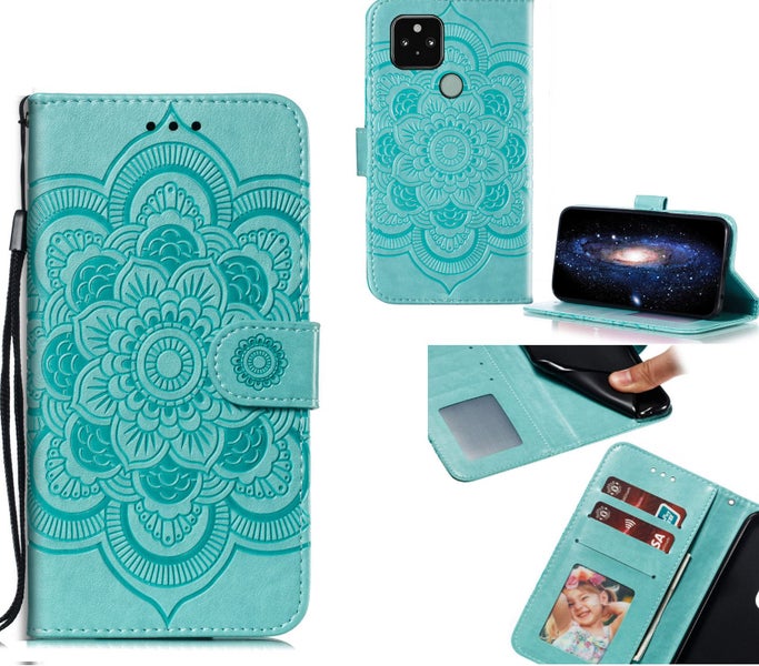 Google pixel 5 PU leather wallet case embossed Mandala pattern (green) Carousel 1