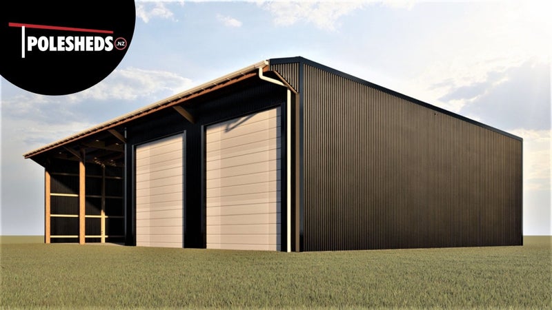 Farm Shed Kitset Lean-to 4 Bay 2 Enclosed with Canopy 168sqm Carousel 1