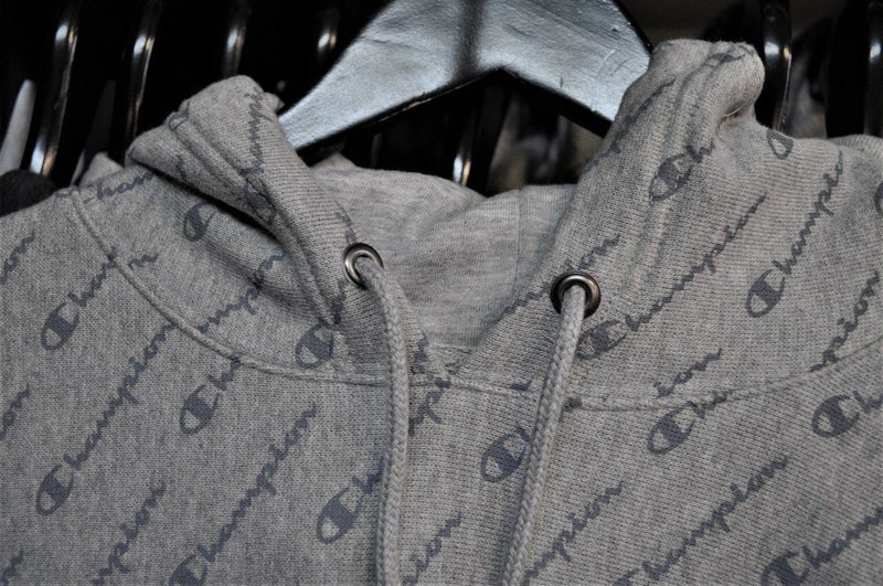 Champion Reverse Weave Grey Script All-Over Hoodie Pullover Jersey Carousel 2