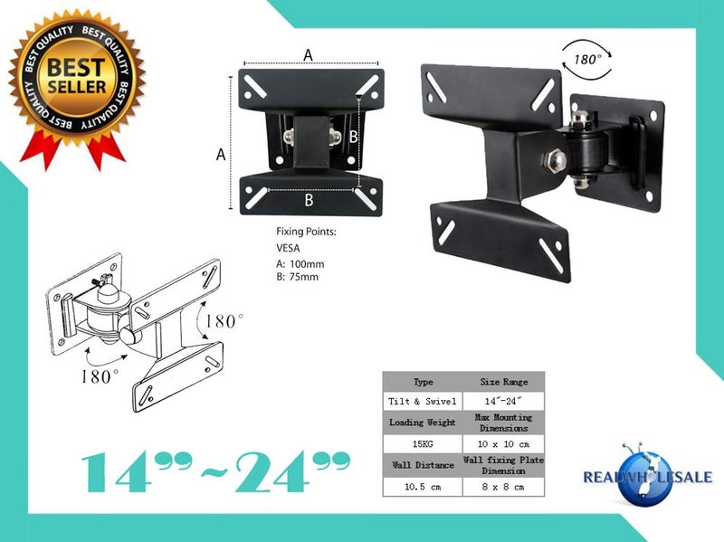Swivel Tilt TV Wall Mount Bracket for 14-24 inch LCD LED Monitor Premium Grade Carousel 1