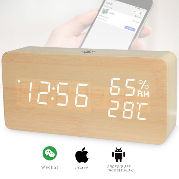 TODO LED Digital Alarm Clock Rechargeable Woodgrain USB Android iOS Control A... Carousel 2