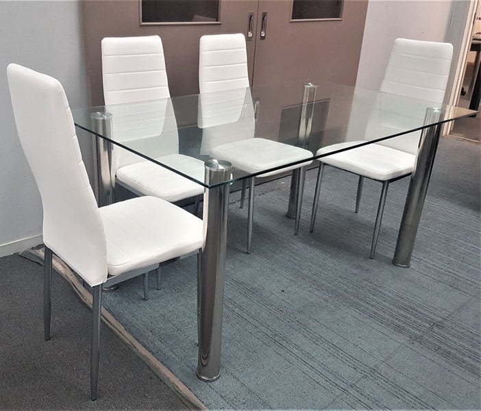 Melody Dining Table Clear Glass 1.3mX0.8m with 4 White Mila Dining Chairs Carousel 1