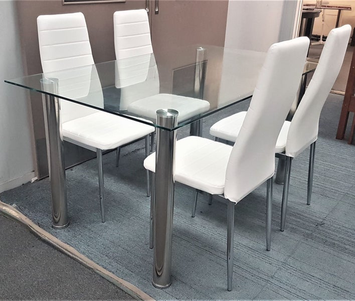 Melody Dining Table Clear Glass 1.3mX0.8m with 4 White Mila Dining Chairs Carousel 2