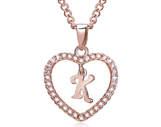 Alphabet Letter K Heart Pendant Chain Necklace Rose Gold Plated Carousel 1