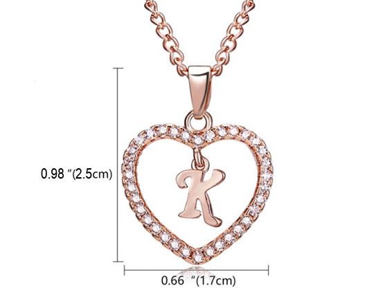 Alphabet Letter K Heart Pendant Chain Necklace Rose Gold Plated Carousel 2