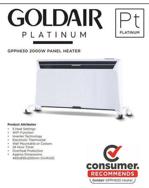 Goldair Pt Platinum 2000W Inverter Panel Heater with WiFi : BidBud