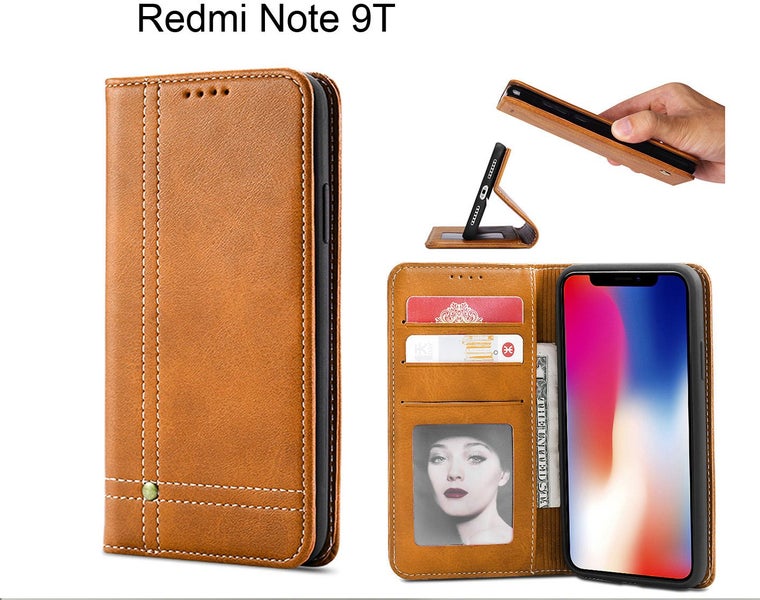 Redmi Note 9T case flip leather ultra slim cow hide finish stitched brn Carousel 1