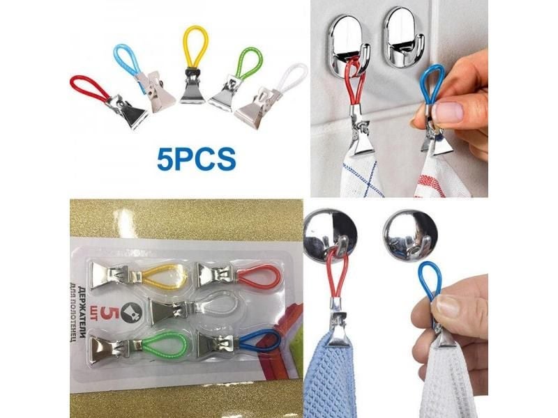 5Pcs Tea Towel Hanging Clips Hooks For Household Kitchen Bathroom Carousel 1
