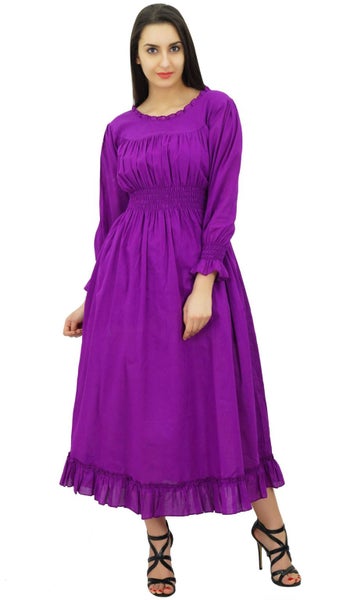 Bimba Women's Cotton Smocked Waist Long Casual Maxi Dress-Purple Carousel 1