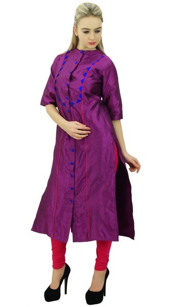 Phagun Women's Straight Magenta Dupion Kurti With Band Collar Casual Clothing Carousel 2