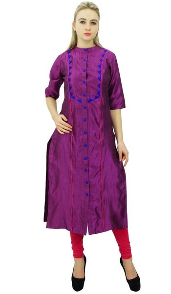 Phagun Women's Straight Magenta Dupion Kurti With Band Collar Casual Clothing Carousel 7