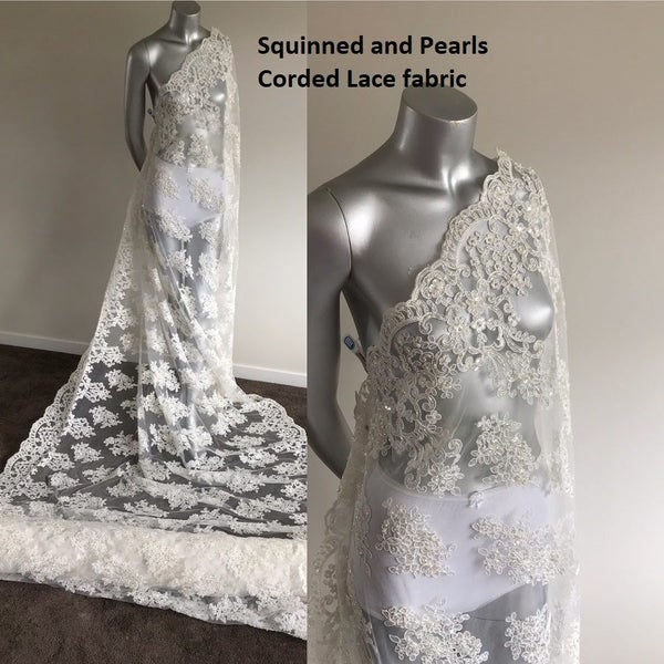 Ivory Hand Beaded bridal lace by the metre Carousel 1