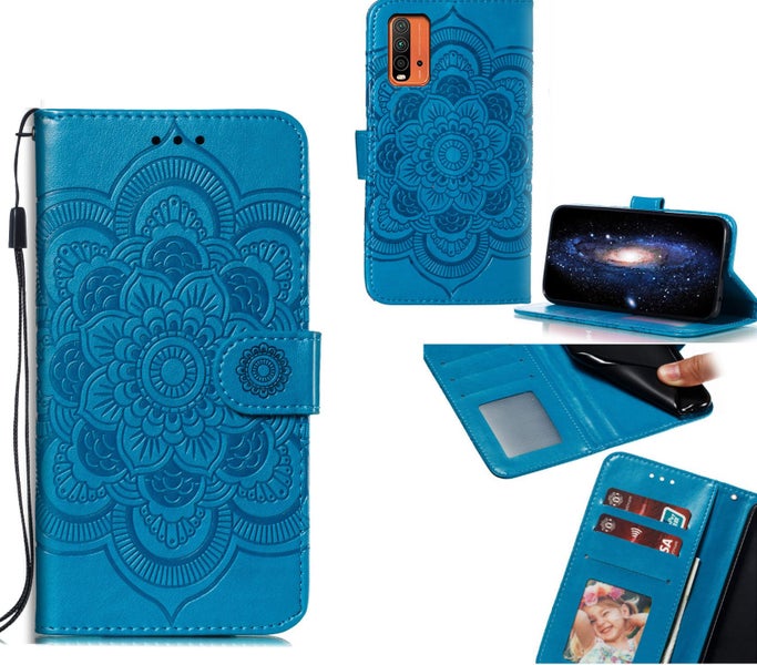 Redmi 9T PU leather wallet case embossed Mandala pattern (blue) Carousel 1